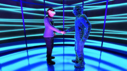 Man,Wear,Virtual,Glasses,Is,Shaking,Hand,With,Hologram,Graphic