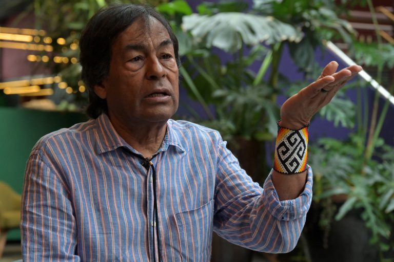 Indigenous leader, environmentalist and writer Ailton Krenak speaks during an interview with AFP in Sao Paulo, Brazil, on October 26, 2023. He is one of contemporary authors that attract the interest of foreign readers