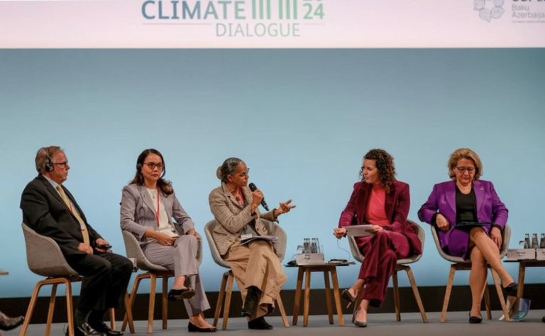 Brazilian minister, COP28 head talk climate change Marina Silva (C): Debate on climate change for the organization of the upcoming COP and the challenges to promote energy transition.