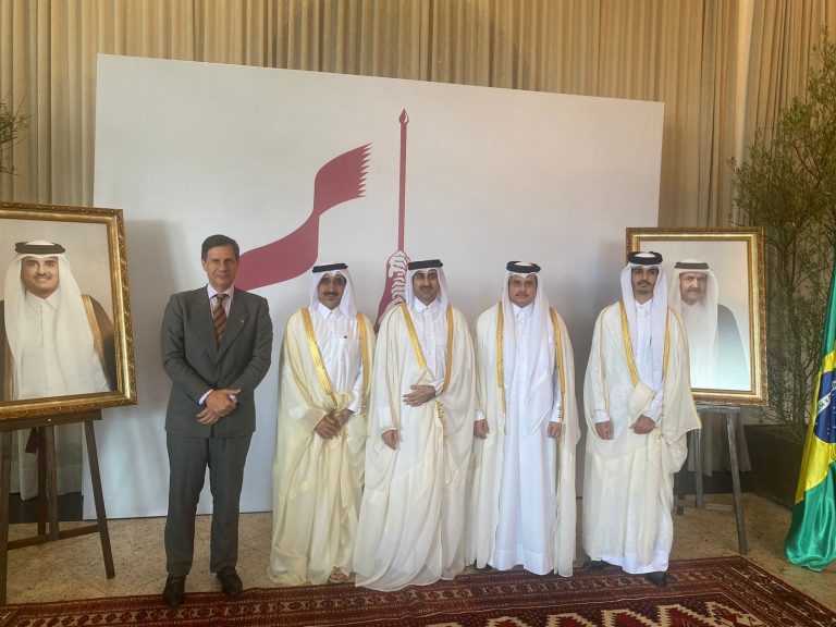 Brazil's Mourad (L), Qatar's Ambassador Alshebani (2 from L) and diplomats from the Qatari embassy