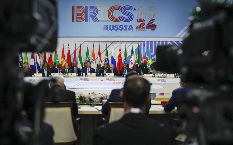 BRICS accounts for 37% of global GDP Global officials, including Russian President Vladimir Putin, Chinese President Xi Jinping and Egyptian President Abdel Fattah al-Sisi, are seen through television cameras during a plenary session in the outreach/BRICS Plus format at the BRICS summit in Kazan on October 24, 2024. (Photo by Maxim Shemetov / POOL / AFP)