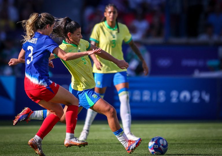 Brazil advances in 2027 Women’s World Cup prep 3 ALBERT Korbin of the United States team is battling for possession with 5 DUDA SAMPAIO of the Brazil team during the Women's Gold Medal match between Brazil and the United States of America during the Olympic Games Paris 2024 at Parc des Princes on August 10, 2024, in Paris, France. (Photo by Ayman Aref/NurPhoto) (Photo by Ayman Aref / NurPhoto / NurPhoto via AFP)