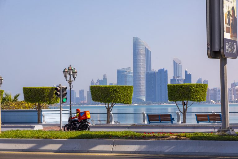 United Arab Emirates, Abu Dhabi. The skyscrapers making up the Corniche skyline, seen from Al Marina. Al Markaziyah Business District (Photo by Philippe TURPIN / Photononstop / Photononstop via AFP)