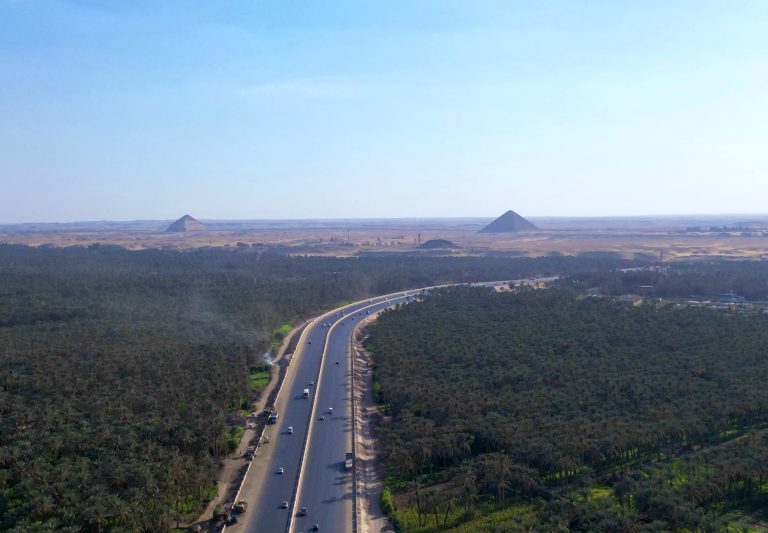Brazil-Arab Gallery #14 CAIRO, EGYPT - AUGUST 26: An aerial view of the Bent Pyramid (L) and the Red Pyramid (R), which stand out with their approximately 4,600-year history at the Dahshur, an ancient Egyptian pyramid complex, in Cairo, Egypt on August 26, 2025. Built by Pharaoh Snefru, founder of the Fourth Dynasty, around 2600 BC, the pyramids are considered among the most important architectural structures in ancient Egypt. The Bent Pyramid, which has a different appearance due to the angle changes made during the construction process, reflects the engineering problems of the period. The Red Pyramid got its name from the reddish limestone used in its construction and stands out as the first true pyramid to be completed. Fareed Kotb / Anadolu (Photo by Fareed Kotb / Anadolu via AFP)