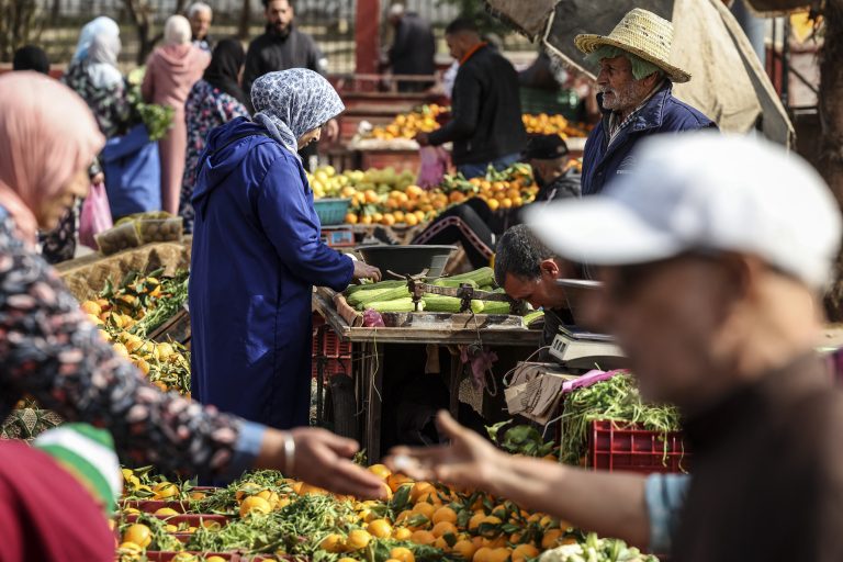 Morocco records 0.2% inflation in September In this picture taken on February 23, 2023, shoppers buy fresh produce at the Sidi Moussa market in Morocco's Atlantic coastal city of Sale, north of the capital. Rising inflation in Morocco is driving up living costs and stirring public anger, and as food prices spike criticism is targeting the country's export-led agricultural model. (Photo by FADEL SENNA / AFP)