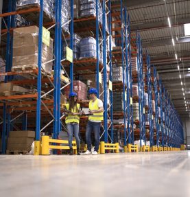 Warehouse workers discussing about logistics and distribution packages to the market.