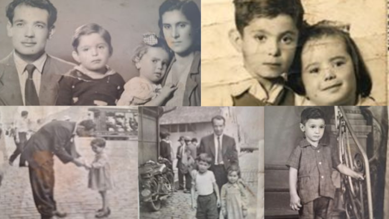 Siblings Michel and Raimunda (top right) with their parents (top left) in Lebanon. Below, their father’s reception in Santos (L and C) and the little brother born in Brazil (R)