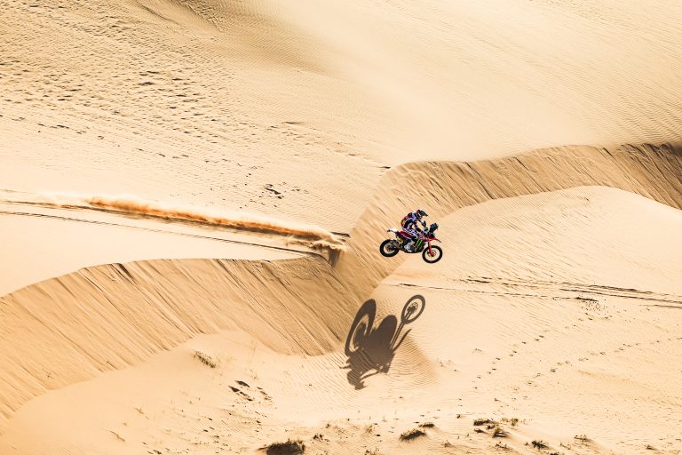 Spanish rider Tosha Schareina rides his motorcycle across desert terrain between Ha’il and Riyadh during a stage of the 2026 Dakar Rally that is taking place this January in Saudi Arabia. The world’s biggest off-road race started on January 3 and runs through January 17.