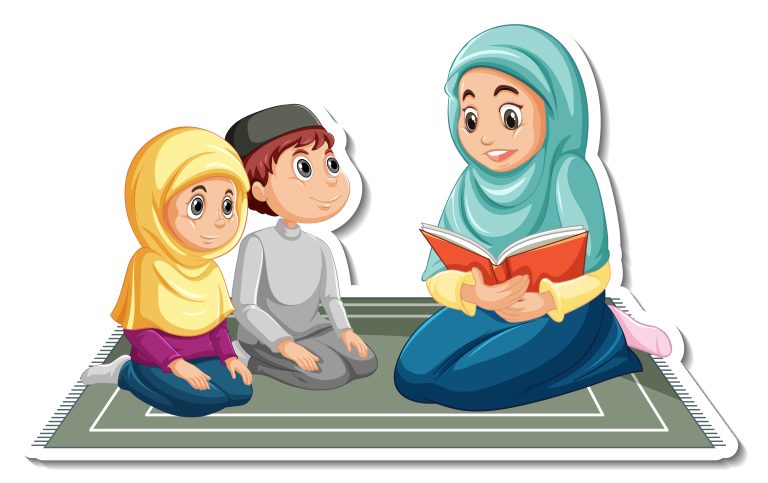 A sticker template with muslim people mother reading a book to her children illustration