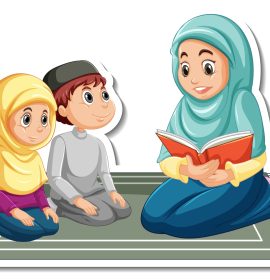 A sticker template with muslim people mother reading a book