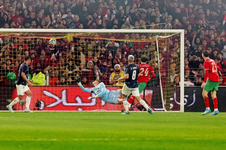 Morocco's Neil Yoni El Aynaoui scores a goal during the friendly football match between Morocco and Paraguay at the Stade Bollaert-Delelis in Lens, northern France on March 31, 2026. (Photo by Francois LO PRESTI / AFP)