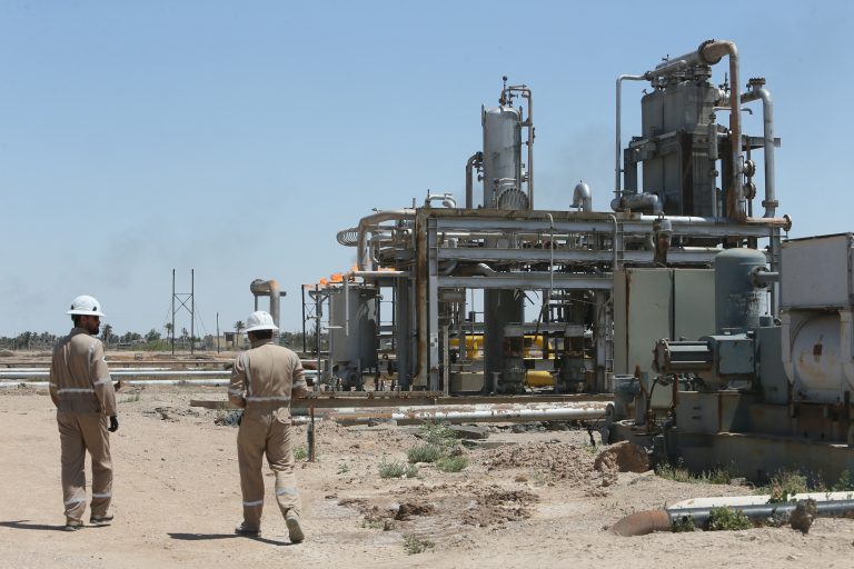 BASRA, IRAQ - APRIL 29: A general view of the Nahr Bin Umar refinery, which has a daily production capacity of approximately 45,000 barrels of crude oil and 1,800 barrels of condensate, in Basra, Iraq on April 29, 2026. As part of a project carried out by Basra Gas Company (BGC), natural gas extracted from the Bin Omar field has been integrated into the North Rumaila gas system. According to a statement from BGCi, the project, which was completed with a new pipeline approximately 5 kilometers long, has enabled an additional 70-80 million cubic meters of gas to be added to the economy daily. The goal is to process this gas at the North Rumaila facilities, thereby contributing 500-600 tons of liquefied petroleum gas (LPG) daily to Iraq's energy supply. Stringer / Anadolu (Photo by Anadolu via AFP)